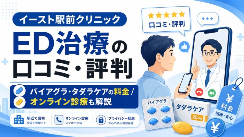 イースト駅前クリニックのED治療の口コミ・評判は？バイアグラ・タダラケアの料金やオンライン診療も解説